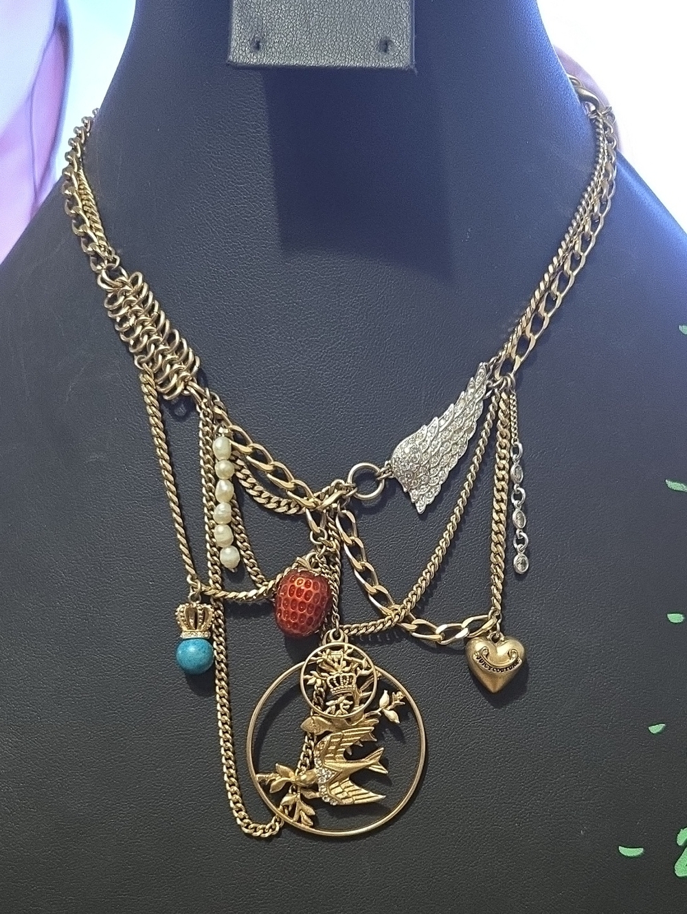Vintage Juicy Couture Multi-Charm Gold Layered Necklace with Red and Turquoise